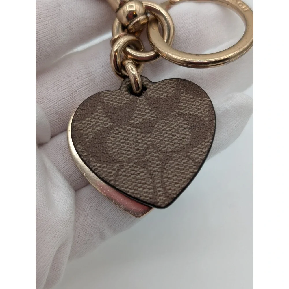 Coach Heart Logo Keychain Gold Tone & Signature Brown Leather Charm Key Ring